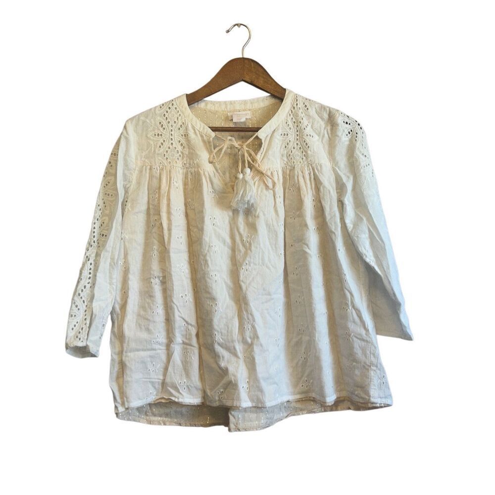 Shabby Chic Women's Eyelet Tunic Top with Tassels Boho Blouse Size‎ S